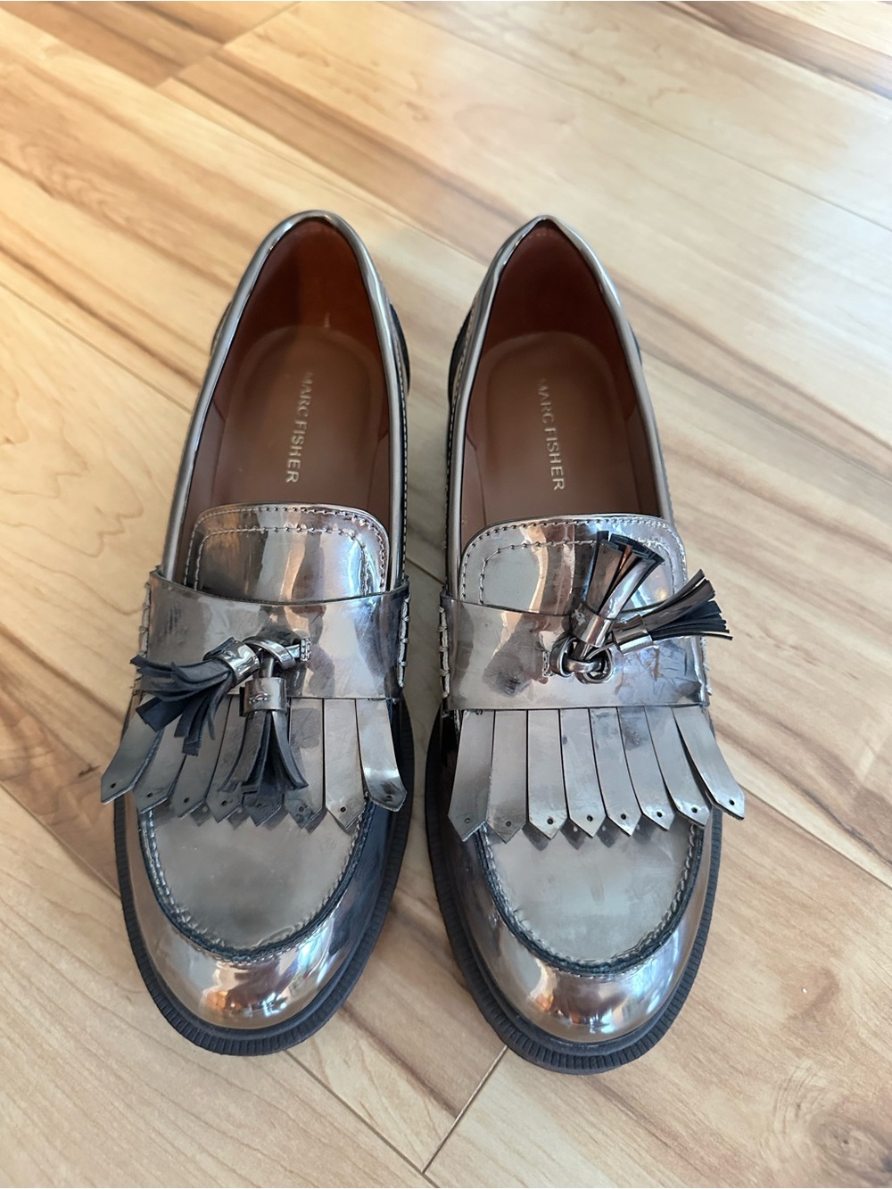 Marc Fisher Silver Metallic Tassel Loafers